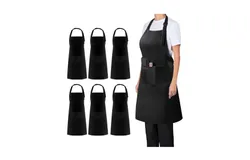 6 Pack Plain Bib Aprons with 2 Pockets - Black Unisex Commercial Apron Bulk for Kitchen Cooking Restaurant BBQ Painting Crafting