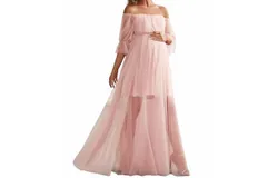 Ever-Pretty A Line Puff Sleeves Mesh Maternity Dress In Pink