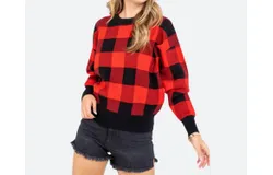 Sweet Lovely By Jen Gingham Check Knit Sweater In Red&sol;black