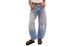 Free People Good Luck Mid-Rise Barrel Jeans In Barnyard Blue