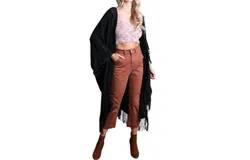 Leto Open Work Frayed Border Bohemian Ruana Wrap Shawl In Black