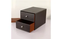 Leather drawer-type desktop miscellaneous storage box with metal handle 2-drawer office file desktop storage box with lid &lpar;brown&rpar;