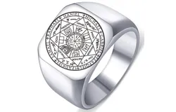 Men's Women's Stainless Steel The Seals of The Seven Archangels Ring Protection Amulet Jewelry-Silver,Size 9#