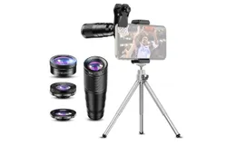 APEXEL APL-22X105-4IN1 Metal Phone Camera Lens 22X Telephoto Lens Fisheye Lens Wide Angle Lens Macro Lens Polarization lens with Tripod Phone Camera Lens Clip