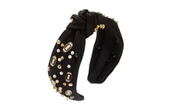 Fun American Football Headband Pearl Rhinestone Embellished Knotted Head Band Hair Hoop Wide Top Knot Hairband Headpiece Hair Accessory Game Day Gift for Fans