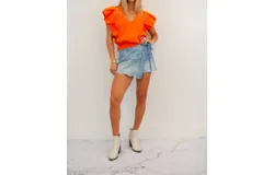 Strut & Bolt Pleated Cap Sleeve Ruffle Sweater In Orange