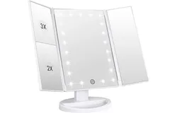 Makeup Vanity Mirror with 22 LED Lighting and Touch Screen&comma; Tri-Fold 1x 2X 3X Magnification&comma;180° Adjustable Rotation&comma;Battery and USB Powered&comma;Countertop Cosmetic Mirror &lpar;White&rpar;