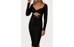 Endless Blu&period; Solid Rib Cross Front Midi Dress In Black