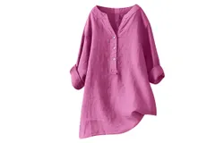 Women&apos;s Cotton Linen 3&sol;4 Long Sleeve Button Down Linen Blouse Women Plus Size Summer Loose Beach Shirts