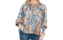 Joy Joy Pleated Bishop Sleeve Top In Wavy Boho