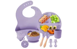 Child set of silicone tableware set baby spoon fork bib auxiliary food dinner plate bowl food grade silicone tableware ten pieces set -purple