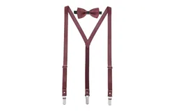 Mio Marino Men&apos;s Suede Y-Back Suspenders Bow Tie-Burgundy-42