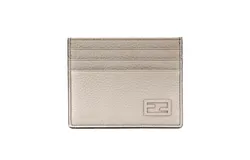 Fendi FF Logo Light Gray and Blue Pebbled Calf Leather Card Case Wallet