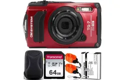 OM SYSTEM Tough TG-7 Digital Camera &lpar;Red&rpar; &plus; Transcend 64GB SDXC Class 10 UHS-1 Flash Memory Card Up to 45MB&sol;s &lpar;TS64GSDU1E&rpar; &plus; Hard shell camera case &plus; 2x Floating Foam Strap-Orange