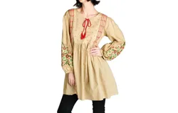 Velzera Floral Embroidered Peasant Dress In Mocha