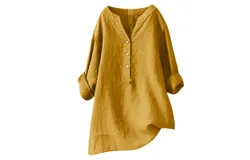 Women&apos;s Cotton Linen 3&sol;4 Long Sleeve Button Down Linen Blouse Women Plus Size Summer Loose Beach Shirts