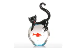 Cat and Goldfish Gift Glass Ornament Animal Figurine Handblown Home Decor Black & Red