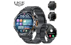 LIGE Smart Watches for Men，1&comma;53&apos;&apos; AMOLED Military Smart Watch for Men with LED-Black（stainless steel watch strap）