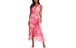 London Times Side Tie Ruffle Wrap Dress In Pink Multi