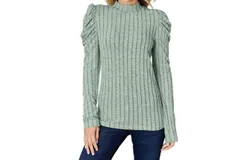 Basic Bae Ribbed Mock Neck Top With Puff Sleeves In Gum Leaf