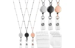 Retractable Badge Reel Lanyard with ID Holder&comma; 3 Pieces Beaded Badge Lanyard Necklace with 6 Waterproof Name Card Holder Stainless Steel ID Holder Necklace for Women Men &lpar;Rose Gold&comma; Black&comma; Silver&rpar;
