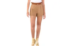 Emily Mccarthy Ruffle Shorts In Luggage Ponte
