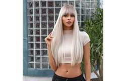 Natural Long Straight Hair Wig for Women with Bang Sexy Blonde Wig Heat Resistance Synthetic Hair Wig Hairpiece with Elastic Nylon Hair Net for Cosplay Party Daily Use