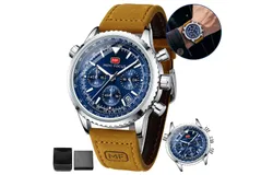 FILIEKEU Quartz Watch For Man MF0463 Casual Watch Waterproof Men Watch Calendar Chronograph Waterproof Sport Analog Quartz Watches Blue Dial Brown Leather Strap Fashion Wristwatch for Men