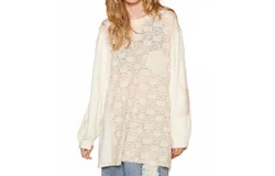 Pol Round Neck Long Sleeve Crochet Patches Top In Cream&sol;beige