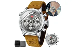 FILIEKEU Quartz Watch For Man MF0463 Casual Watch Waterproof Men Watch Calendar Chronograph Waterproof Sport Analog Quartz Watches Blue Dial Brown Leather Strap Fashion Wristwatch for Men