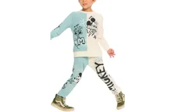 Chaser Boy&apos;s Mickey Mouse Mash Up Crew Neck Set In Aloe And Oat Milk&comma; Hazy Blue & Ivory