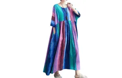 Women Cotton Linen Dress Floral Print Pockets Mid-Calf Loose O-Neck Short Sleeves Plus Size Casual