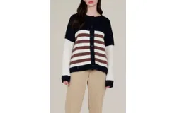 Grade & Gather Striped Color Block Cardigan In Black&sol;white&sol;red