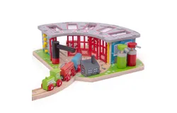 Bigjigs Rail Cobertizo para motor de madera de 5 vías&comma; incluye una plataforma giratoria de trabajo&comma; puertas que se abren y 2 bombas