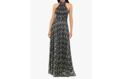 Betsy & Adam Vilma Halter Neck Foil Print Maxi Dress In Navy Blue With Gold