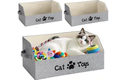 2 Pack Large Collapsible Pet Toy Box Trapezoid Pet Toy Storage Basket with Handle Grey Thicker Toy Storage Bin Bed for Organizing Pet Toys Treats Clothes and Accessories(Cat)