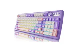 EWEADN V97 Cute Creamy Keyboard&comma; Bluetooth&sol;2&period;4GHz Gaming Keyboard Wireless with RGB Backlit&comma; Media Knob&comma; Curved Body&comma; Rechargeable Quiet Computer Keyboard for MAC Xbox PC Gamer-Purple & White & Pink（Free wireless mouse）