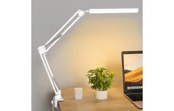 LED Desk Lamp&comma; Swing Arm Desk Light with Clamp&comma; 3 Lighting 10 Brightness Eye-Caring Modes&comma; Reading Desk Lamps for Home Office 360°Spin with USB Adapter & Memory Function white-14W
