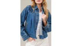 Aaron & Amber Pleated Denim Jacket With Stitch Detail In Blue
