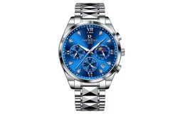 Starry Sky Watch Multifunctional Three-Eye Six-Needle Luminous Waterproof- Silver Blue Steel