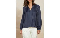 Current Air Split Neck Long Sleeve Top In Steel Blue