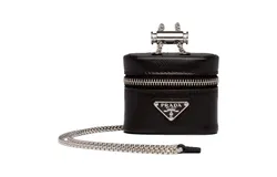 Prada Triangle Saffiano Black Leather Mini Airpods Case with Chain