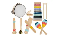 Eight Pieces Baby Musical Instrument Set Wooden Toys for Toddlers 1-3 Years Old&comma; Neutral Color Percussion Set with Modern Bohemian Xylophone for Preschoolers Education 3&plus;