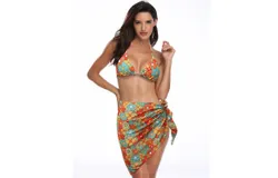 Women Swimsuit&comma; 3 Piece Swimsuit Backless&comma; Beach Bikini Swimsuit Set with Covered Skirt&comma; Floral Printed Swimsuit