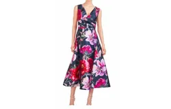 Kay Unger Floral Tea Length Dress In Rasberry