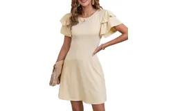 Women&apos;s 2024 Summer Ruffle Sleeve Dress Floral Casual Beach Mini Dress Beige XL &lpar;With Pockets&rpar;