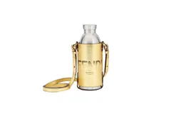 Fendi Roma Logo Steel Bottle and Gold Leather Holder Set