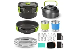 Odoland 15pcs Camping Cookware Mess Kit&comma; Non-Stick Lightweight Pot Pan Kettle Set with Stainless Steel Cups Plates Forks Knives Spoons for Camping&comma; Backpacking&comma; Outdoor Cooking and Picnic，Green