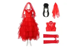 Lydia Deetz Costume for Girl Beetle of Juice Lydia Dress with Black Wig Red Veil Lace Gloves Costume Set-S-110cm