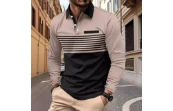 Men's Golf Polo Shirt Long Sleeve Collar Tennis Shirt Color Block Stripe Work T-Shirt
